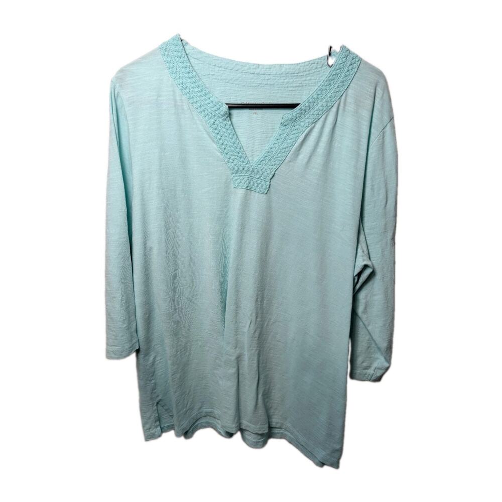 Coldwater Creek Shirt Petite XL Light Blue Lace Tunic Cotton Blouse Top Coastal
